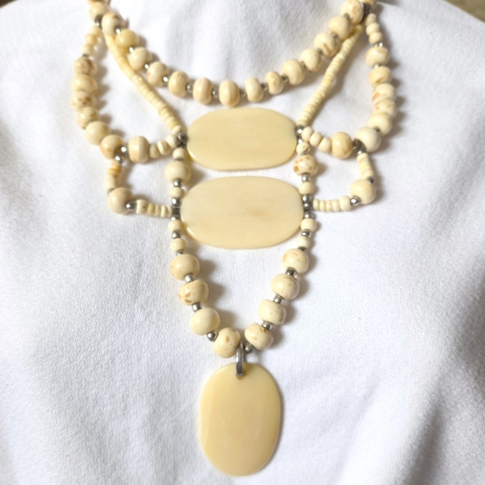 Chico's Eden Bib Necklace Cream Multi-Strand Resin Bead Statement Boho NEW